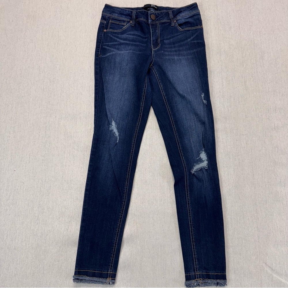 1822 Denim Jeans Women’s Sz 28 Dark Wash Blue Distressed Raw Hem Skinny